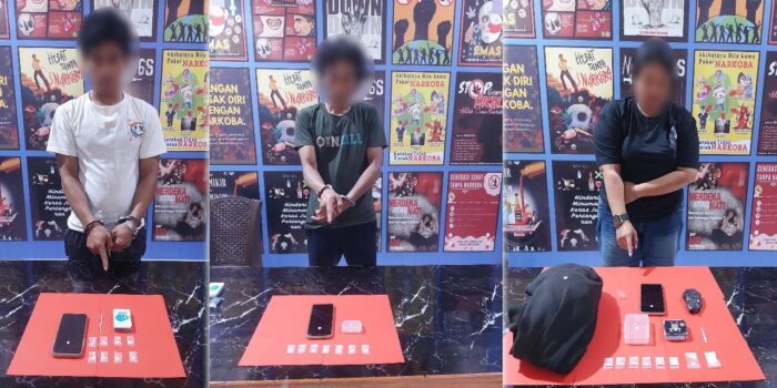 Tiga pelaku narkoba beserta barang bukti 23 paket shabu yang diamankan Satresnarkoba Polres Morowali Utara.