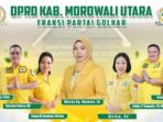 Tujuh legislator Partai Golkar DPRD Morowali Utara periode 2024–2029 berpose bersama mengenakan seragam kuning.