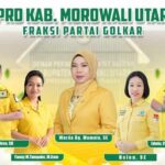 Tujuh legislator Partai Golkar DPRD Morowali Utara periode 2024–2029 berpose bersama mengenakan seragam kuning.