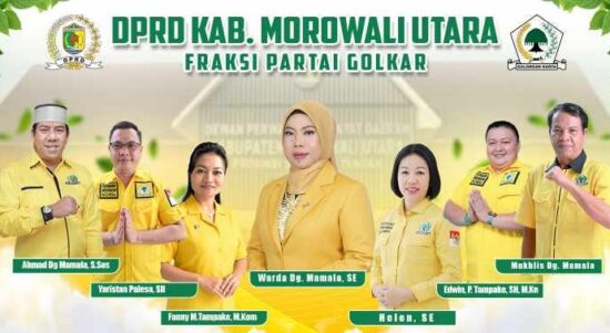 Tujuh legislator Partai Golkar DPRD Morowali Utara periode 2024–2029 berpose bersama mengenakan seragam kuning.