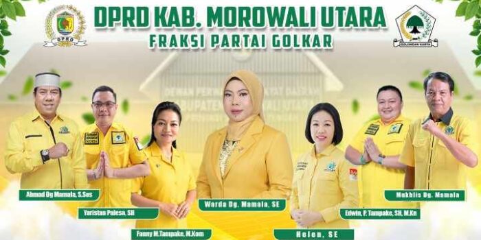Tujuh legislator Partai Golkar DPRD Morowali Utara periode 2024–2029 berpose bersama mengenakan seragam kuning.