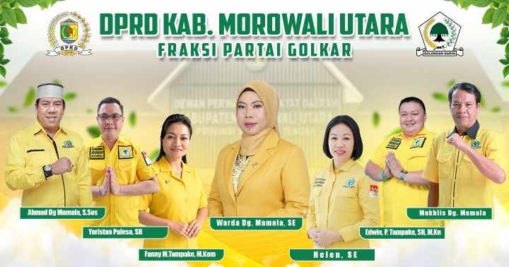 Tujuh legislator Partai Golkar DPRD Morowali Utara periode 2024–2029 berpose bersama mengenakan seragam kuning.