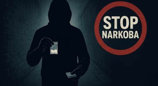 Ilustrasi sosok bertudung gelap membawa paket narkoba dengan tulisan "Stop Narkoba" di latar belakang.
