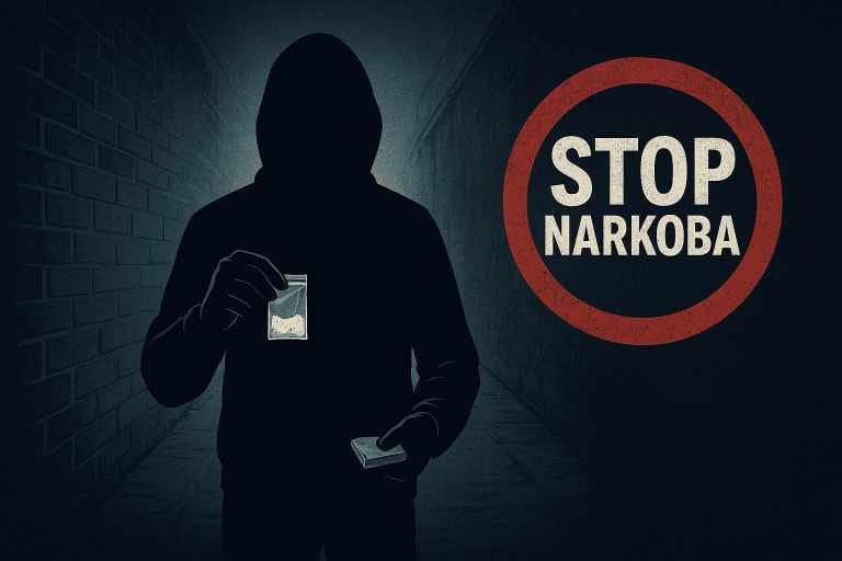 Ilustrasi sosok bertudung gelap membawa paket narkoba dengan tulisan "Stop Narkoba" di latar belakang.